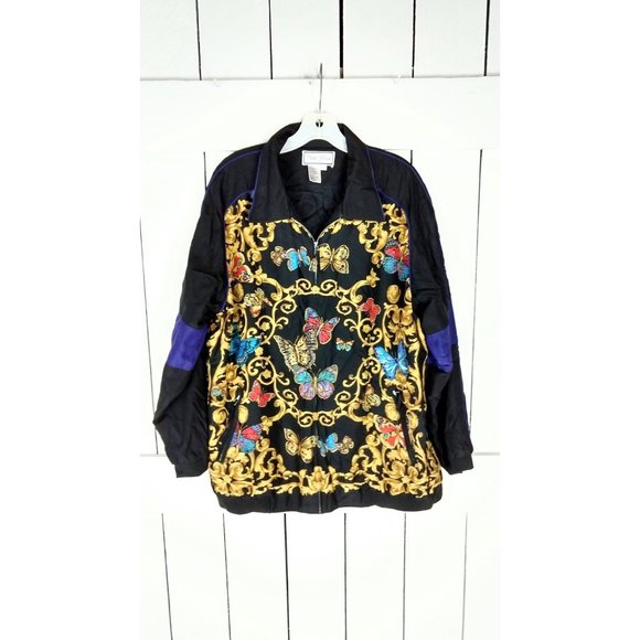 Vintage baroque butterfly silk jacket/silk wind breaker bomber zipper jacket/1x - Picture 2 of 3